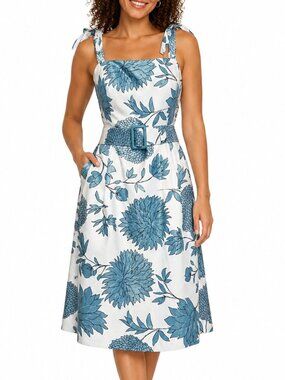 Jessica Howard White Blue Floral Midi Dress with Belted Waist SZ 6